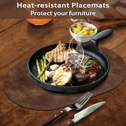 ADRIMER Oval Placemats Set of 6, Wipeable Faux Leather, Brown - color: Brown