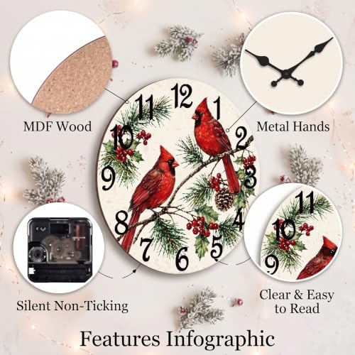 ArtSocket Round Wall Clock Silent Non-Ticking 12", Cardinal Christmas - color: Christmas Cardinal