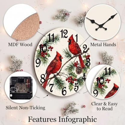 ArtSocket Round Wall Clock Silent Non-Ticking 12", Cardinal Christmas - color: Christmas Cardinal