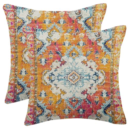 Vintage Boho Pillow Covers 18X18 Inch Set of 2 Antique Ethnic Orange Teal Carpet Pattern Throw Pillow Covers Bohemian Decorative Pillow Case Linen Cushion Cover for Home Couch Sofa Outdoor - color: Boho Style 1, size: 18" x 18" (Pack of 2)