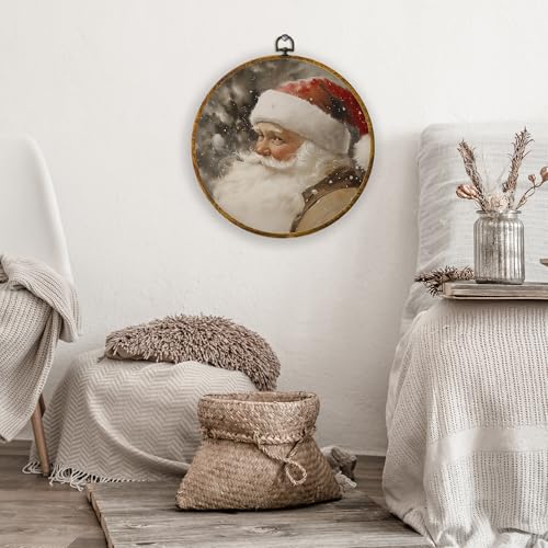 XPH Vintage Christmas Santa Round Wall Art Framed, Rustic Christmas Circle Wall Decor, Farmhouse Cozy Winter Xmas Hanging Canvas Prints for Home Bedroom Living Room Decoration, 10x10 Inch - color: Christmas 17