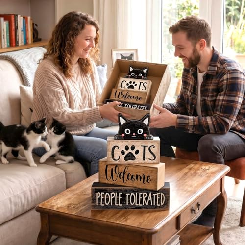 Lineshading 4 Pcs Cat Wooden Sign Set, Farmhouse Tiered Tray Decor - style: Cats