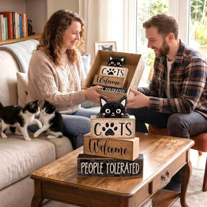 Lineshading 4 Pcs Cat Wooden Sign Set, Farmhouse Tiered Tray Decor - style: Cats