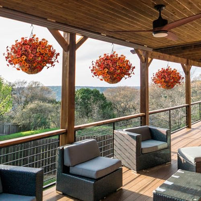 Artificial Fall Hanging Flowers Basket, UV Resistant Mums for Outdoors - color: Orange Brown Red