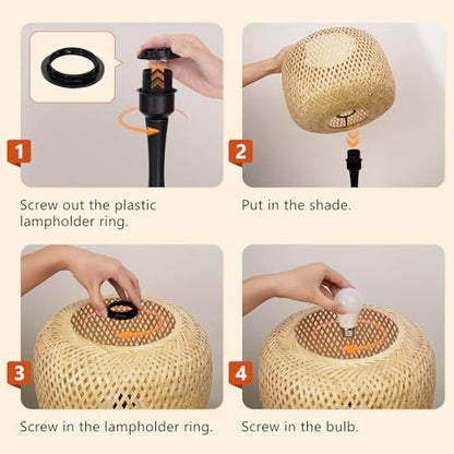 ONEWISH Touch Bedside Lamp for Bedroom, 3-Way Dimmable Table Lamps for Nightstand, Handwoven Bamboo Shade Desk Lamp for Living Room, Home Office - color: Natural Bamboo Shade & Black Base