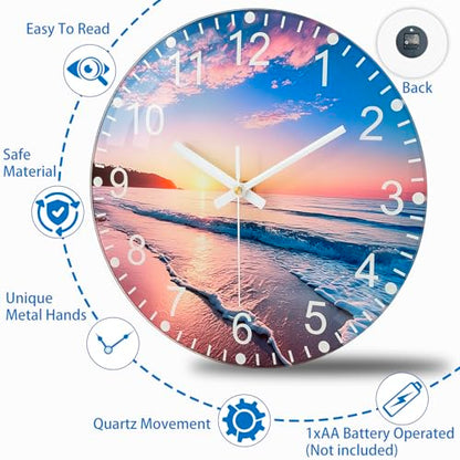 Battery Operated Wall Clock with Beach Sunset Pattern - 10 Inch Thick Glass Silent Non Ticking Analog Clock, Quartz Large Numbers Modern Wall Clocks for Living Room Bedroom Bathroom Office Gym - color: Blue Red, size: 10 Inch