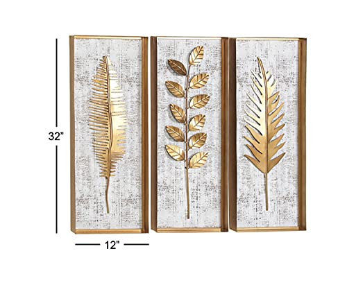 Deco 79 Metal Leaf Home Wall Decor Framed 3D Wall Sculpture with Distressed Wood Backing, Set of 3 Wall Art 12"W, 32"H, Gold - size: 12"L x 2"W