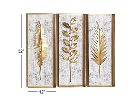 Deco 79 Metal Leaf Home Wall Decor Framed 3D Wall Sculpture with Distressed Wood Backing, Set of 3 Wall Art 12"W, 32"H, Gold - size: 12"L x 2"W