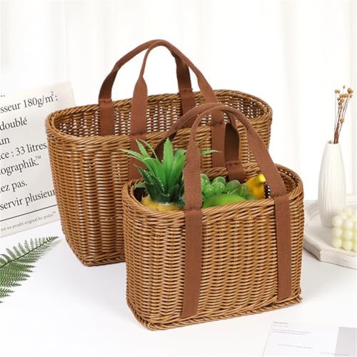 Wicker Shopping Basket with Handles – Reusable Handwoven Market Basket for Groceries, Farmers Market, Foraging, Picnic, Flower Gathering & Home Storage – Lightweight Wicker Tote (L) - size: Large: 12.9 x 7.5 x 9.4 inches