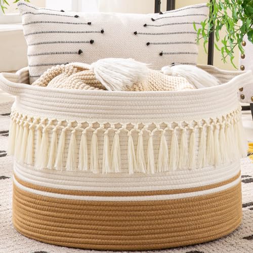 KAKAMAY Large Blanket Basket (20"x13"),Woven Baskets for storage Baby Laundry Hamper, Cotton Rope Blanket Basket for Living Room, Laundry, Nursery, Pillows, Baby Toy chest (White Fringe) - color: White Fringe