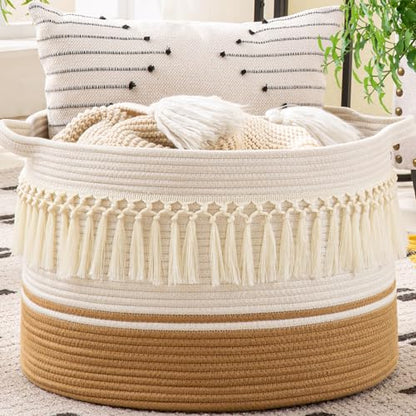 KAKAMAY Large Blanket Basket (20"x13"),Woven Baskets for storage Baby Laundry Hamper, Cotton Rope Blanket Basket for Living Room, Laundry, Nursery, Pillows, Baby Toy chest (White Fringe) - color: White Fringe