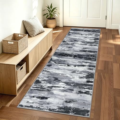 Abstract Washable 2x6 Runner Rug Non Slip Runners for Hallway | Black Grey;Thin Printed Faux Wool Kitchen Rug Runner;6ft Carpet Runners;Non Skid Runners for Entryway,Bedroom,Laundry Room - color: Charcoal Black Gray / White, size: 2' x 6' (Runner)