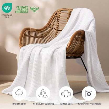 PHF 100% Cotton Muslin Blanket for Adults, Throw 50"X60", White - color: 01 - White, size: Throw(50"X60")