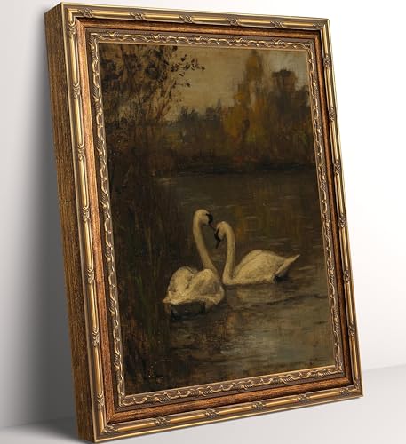 Vintage Gold Framed Swan Oil Painting - Retro Lake Landscape Wall Art, Classical Impressionist Style Swan Wall Decor for Bedroom, Living Room, Romantic Dark Academia Aesthetic Home Decor 12x16in - color: swan, size: 12"L x 16"W