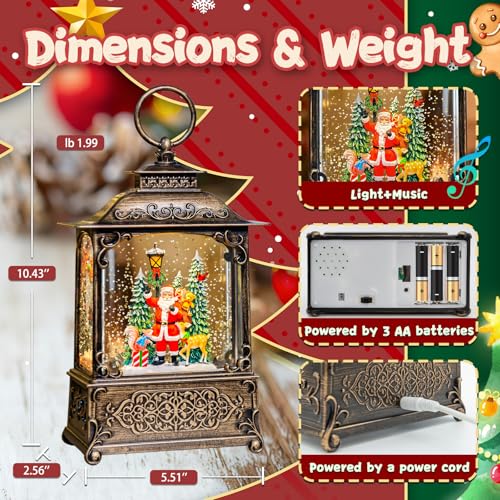SUNFACE Christmas Snow Globe Lantern, Santa Reindeer Squirrel Tree Light Up Musical Snow Globes with 6H Timer, 3 AA Battery & USB Powered, Glitter Globe for Indoor for Kids Women Adults - color: Santa Claus Animals 104