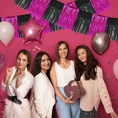 BEISHIDA Hot Pink Fringe Garland Banner 30ft Wall Tinsel Foil Streamers - color: Black Hot Pink