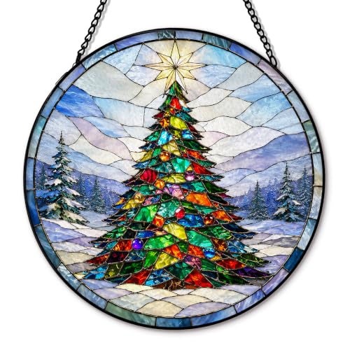 Rustic Christmas Tree Suncatcher Stained Glass Window Hanging, Colorful Winter Xmas Tree Scene Sun Catchers Indoor Window Glass Round Wall Decor, Christmas Wall Art Hanging Decorations 7.8x7.8 - color: Christmas_11