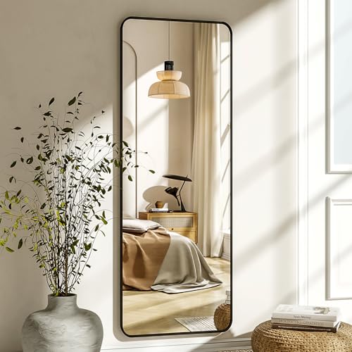 XRAMFY 56"x21" Floor Full Length Mirror Standing Full Body Rounded Corner Rectangle Mirrors with Stand Hanging Wall Mounted Leaning Bedroom Living Room Bedroom Cloakroom,Black - color: Black, size: 56"L x 21"W