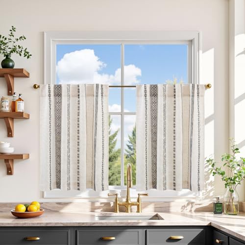jinchan Liora Black Boho Linen Tier Curtains 24 Inches Back Tab 2 Panels - color: Liora | Black on Linen, size: 26"W x 24"L (Pack of 2)