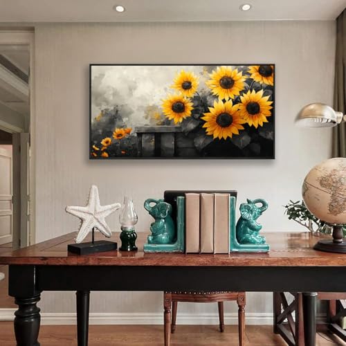 The Mode Art Sunflower Wall Art Canvas Painting, 30 x 58 inches, Black and Yellow Flower Canvas Prints Rustic Farmhouse Sunflower Pictures For Living Room Bedroom Wooden Frame - color: Yellow/Gray, size: 58"L x 30"W