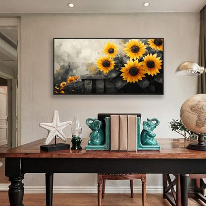 The Mode Art Sunflower Wall Art Canvas Painting, 30 x 58 inches, Black and Yellow Flower Canvas Prints Rustic Farmhouse Sunflower Pictures For Living Room Bedroom Wooden Frame - color: Yellow/Gray, size: 58"L x 30"W