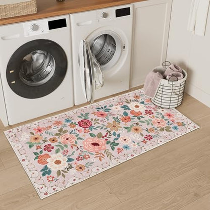 DUKINO 2x4 Entryway Rug, Floral Washable Kitchen Rugs Non Slip, Beige - color: Beige, size: 2' x 4' (Rectangular)