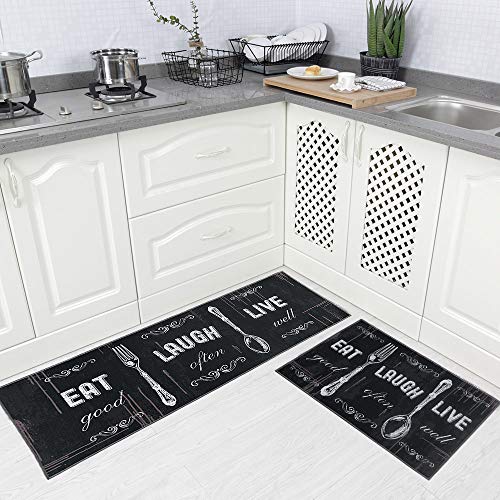 Carvapet 2 Piece Kitchen Rug Set 17x48 + 17x24 Washable Non Slip - color: Black