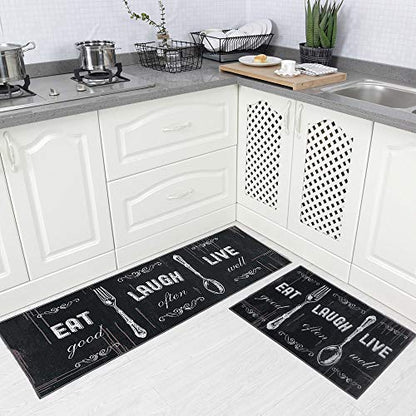 Carvapet 2 Piece Kitchen Rug Set 17x48 + 17x24 Washable Non Slip - color: Black