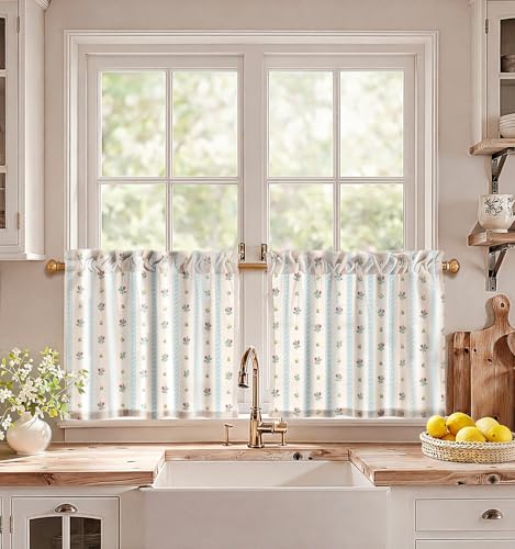 Miss Adola 20 Inch Length Kitchen Tier Curtains, Blue Striped - color: Blue Striped, size: 28"W x 20"L (Pack of 2)