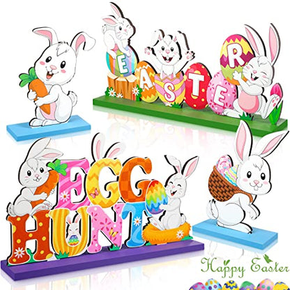 Funrous 4 Pcs Happy Easter Table Sign Decoration Wooden Egg Hunt Tabletop Centerpiece Spring Party Bunny Sign Ornaments Easter Holiday Table Topper for Home Office Spring Holiday Party Decor Supplies