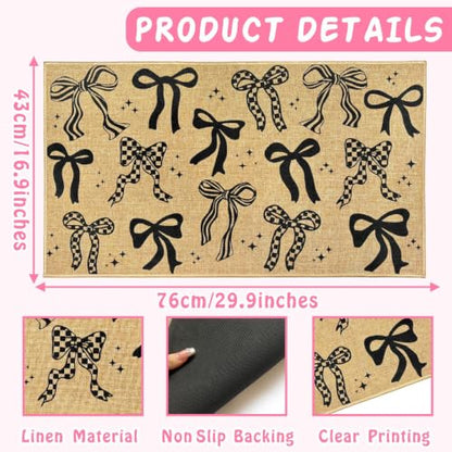 Black Bow Mat for Front Door Entrance Welcome Floor Mats Girls Mat 17"x30" - color: Black Bows