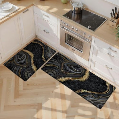 Kitchen Mats Set of 2, Cushioned Anti Fatigue Non Slip Waterproof Runner, Black Marble and Golden Veins Design, PVC Memory Foam for Kitchen Sink and Laundry - color: Black Marble 2