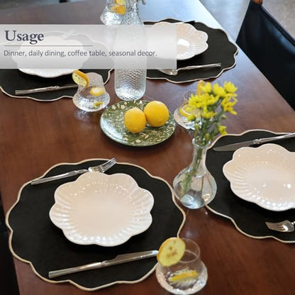 AHHFSMEI Round Scalloped Placemats Set of 6 15 Inch Faux Linen - color: Black