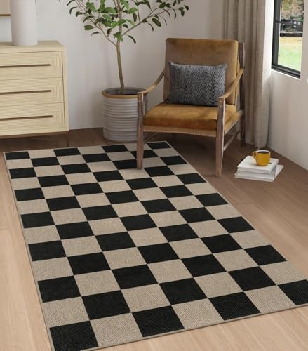 Rugalia Easy Jute Checkered Area Rug, 3x5 Indoor Outdoor Entryway Rug Washable Black Checkerboard Kitchen Rugs, Non-Slip Modern Farmhouse Throw Carpet for Living Room Patio Kids Room - color: Black Checkered, size: 3' x 5' (Rectangular)