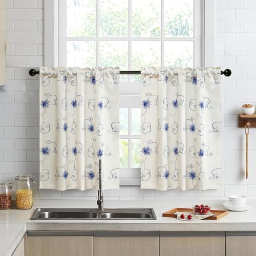 VOGOL Blue Floral Vine Embroidered Tier Curtains, 30 x 36 Inches, 2 Panels - color: Hy-blue, size: 30"W x 36"L (Pack of 2)