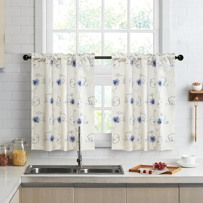 VOGOL Blue Floral Vine Embroidered Tier Curtains, 30 x 36 Inches, 2 Panels - color: Hy-blue, size: 30"W x 36"L (Pack of 2)