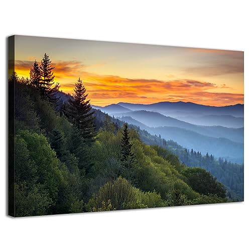 Nature Mountain Wall Art Foggy Forest Wall Decor for Living Room Sunset Blue Ridge National Park Landscape Poster Tennessee Misty Pine Tree Scenic Painting Artwork Office Kitchen Home Decoration 16x24 - color: Great Smoky Mountain, size: 24"L x 16"W