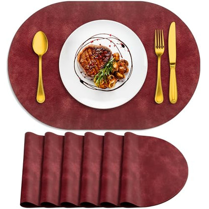 ADRIMER Oval Placemats Set of 6, Wipeable Faux Leather, Wine Red - color: Wine Red