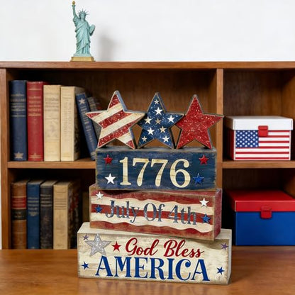 4th of July Table Decorations Patriotic Memorial Day Tiered Tray Decor Wooden Star Block Signs Independence Farmhouse 250th July Fouth Centerpiece for Tables Wooden Sign for Home Decor - style: July Fouth Star