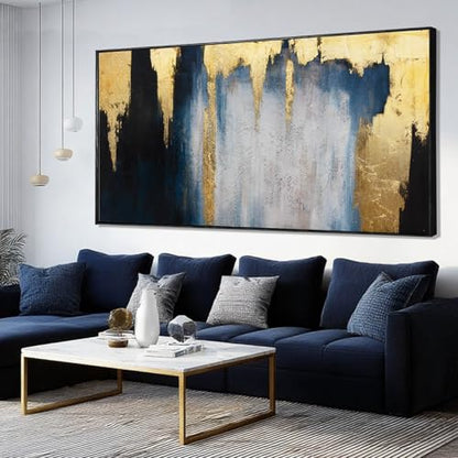 Large Framed Blue Gold Abstract Canvas Wall Art for Living Room 29x58 Inch - color: Blue and Gold, size: 58"L x 29"W