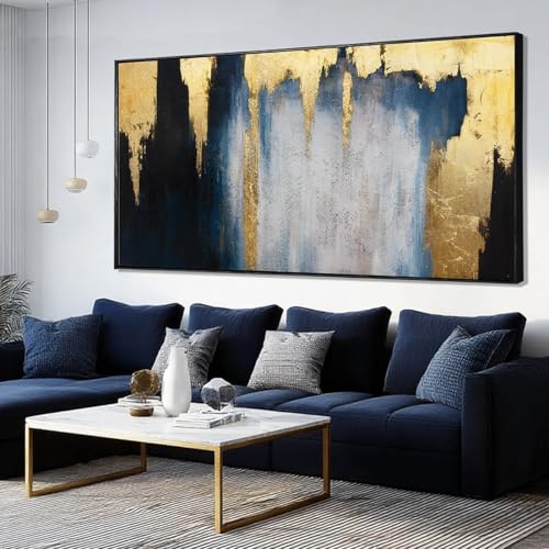 Large Framed Blue Gold Abstract Canvas Wall Art for Living Room 29x58 Inch - color: Blue and Gold, size: 58"L x 29"W