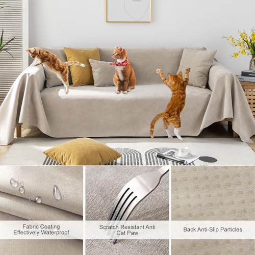 STACYPIK Waterproof Scratch-Resistant Couch Cover for Sofa Washable, Non Slip Khaki Sofa Cover for 3 Cushion Couch, Pets Couch Cover for Sectional, Loveseat Couch Protector Slipcover-71X134IN - color: 0 A-waterproof-beige, size: X-Large Size(71" X134")