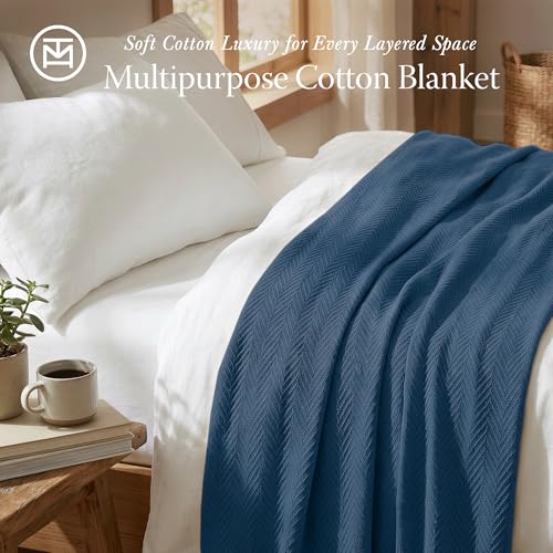 Threadmill Luxury 100% Cotton King Herringbone Blanket, Folkstone Blue - color: Folkstone Blue, size: King (106" x 92")