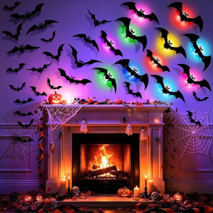 LUDILO 48P Bats Halloween Decorations + 12P Rechargeable Lights with Remote - color: Black, Black