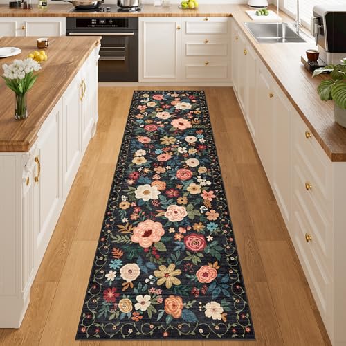 DUKINO 2x10 Runner Rug, Floral Washable Kitchen Runner Rug Non Slip, Black - color: Black, size: 2' x 10' (Rectangular)