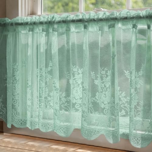 Molaxhome Kitchen Curtains Valance Blue Lace Floral Semi Sheer Curtain - color: Blue-green, size: 54"W x 24"L (Pack of 1)