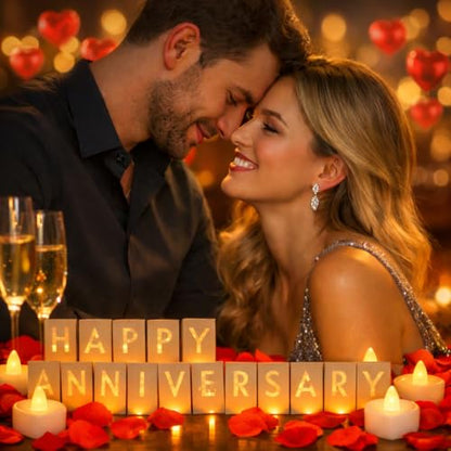 Happy Anniversary Light Up Letters, Include Light up Letters, with Tea Lights Candles, Latex Balloons, Aluminum Balloons and Rose Petals, Anniversary and Valentines' Day Decorations - style: Happy Anniversary