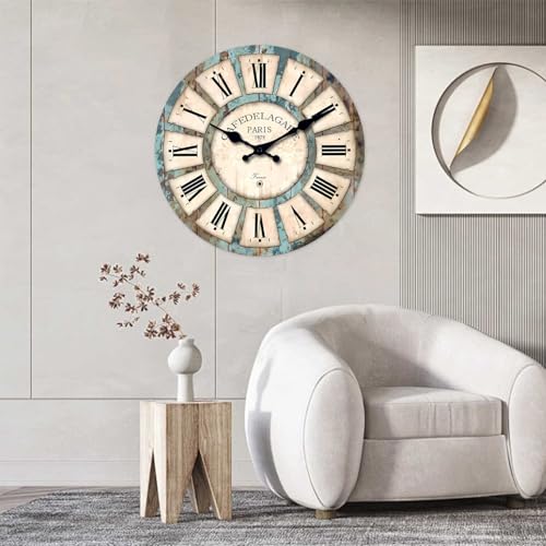 Wood Rustic Silent Wall Clocks for Living Room 24 Inch - color: Blue1, size: 24 Inch