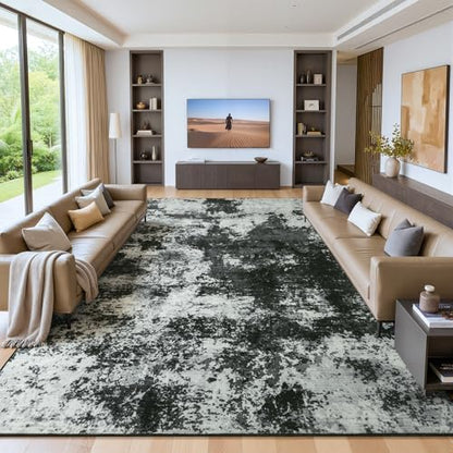 Merelax 9x12 Back Grey Large Washable Area Rug Non-Slip Faux Wool Rug - color: Black Grey, size: 9' x 12'(108''x144'')