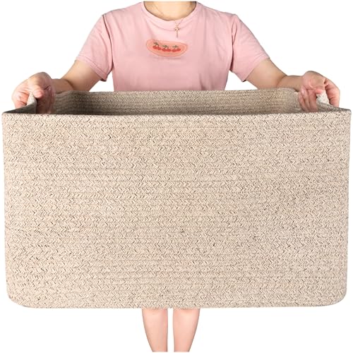 MINTWOOD Design 22in Extra Large Blanket Basket Holder Living Room, Rectangle Rope Woven Storage Basket with Handles for Laundry, Pool Towels, and Shoes, Dog Toy Organizer Bin Box, Oatmeal Brown - color: Oatmeal Brown